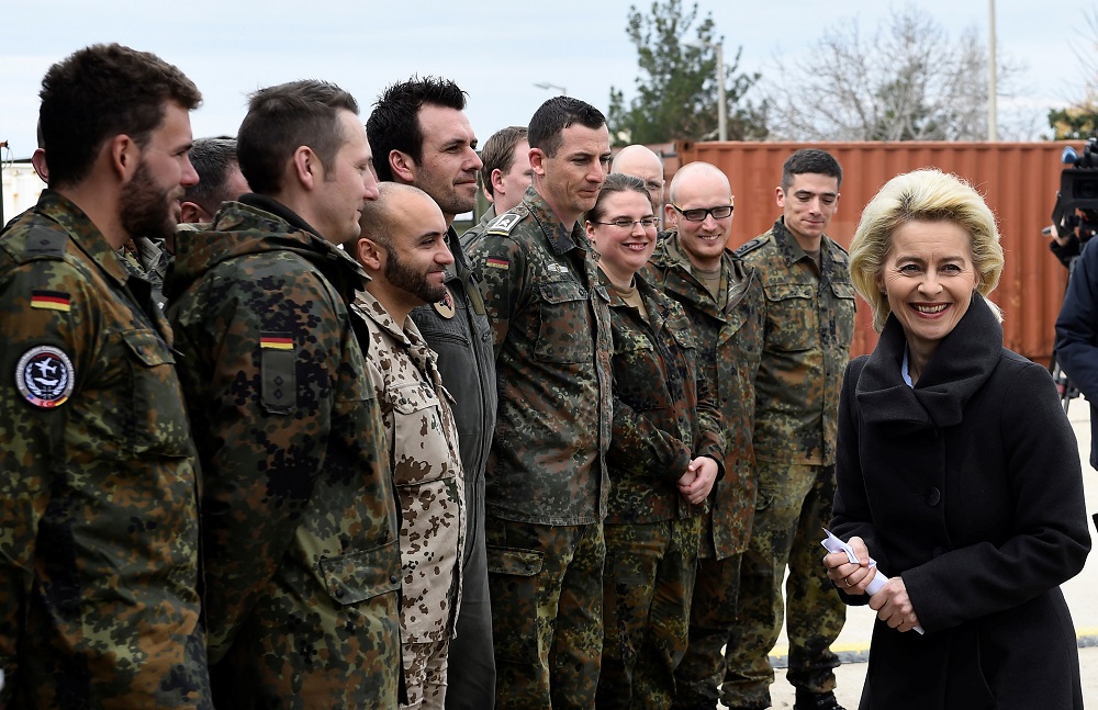 German Defence Minister von der Leyen chats with soldiers during a visit of the German Armed Forces Bundeswehr at the air base in Incirlik