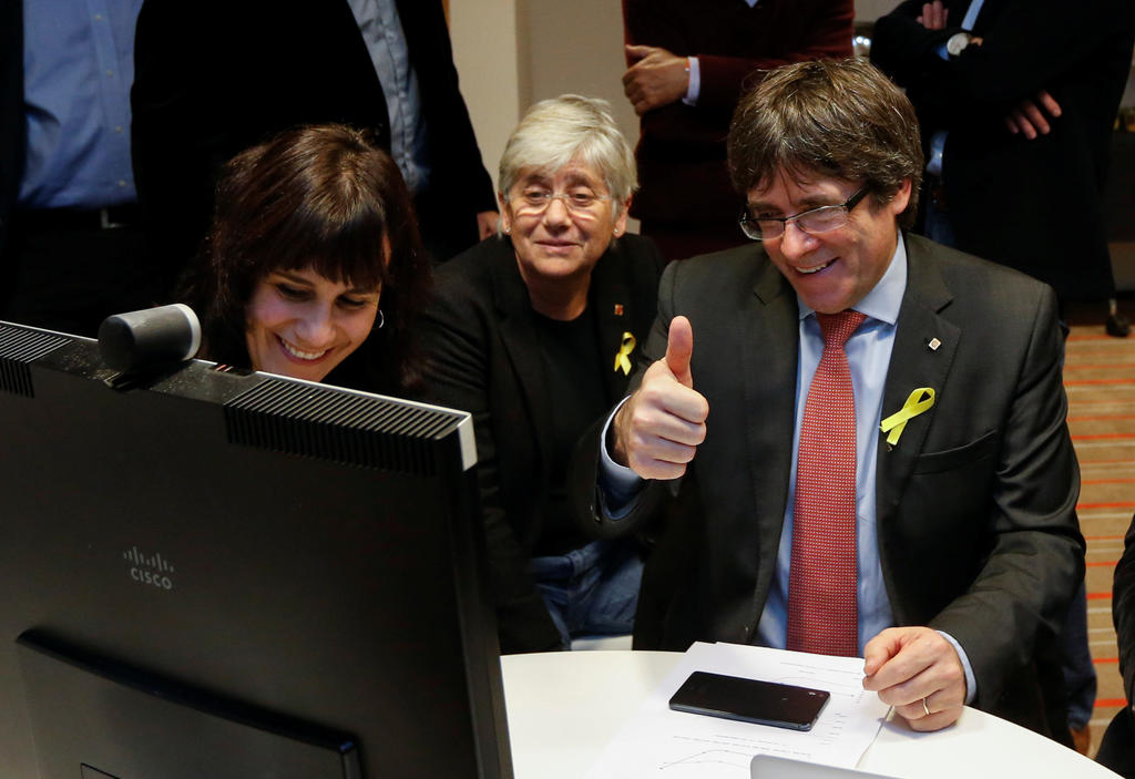 Carles Puigdemont, dismissed President of Catalonia, reacts while viewing results in Catalonia’s regional election in Brussels
