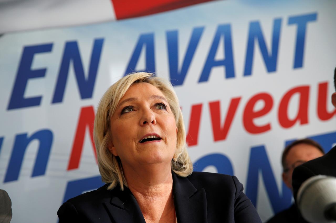 Marine Le Pen, France’s far-right National Front (FN) political party leader, attends a news conference in Laon