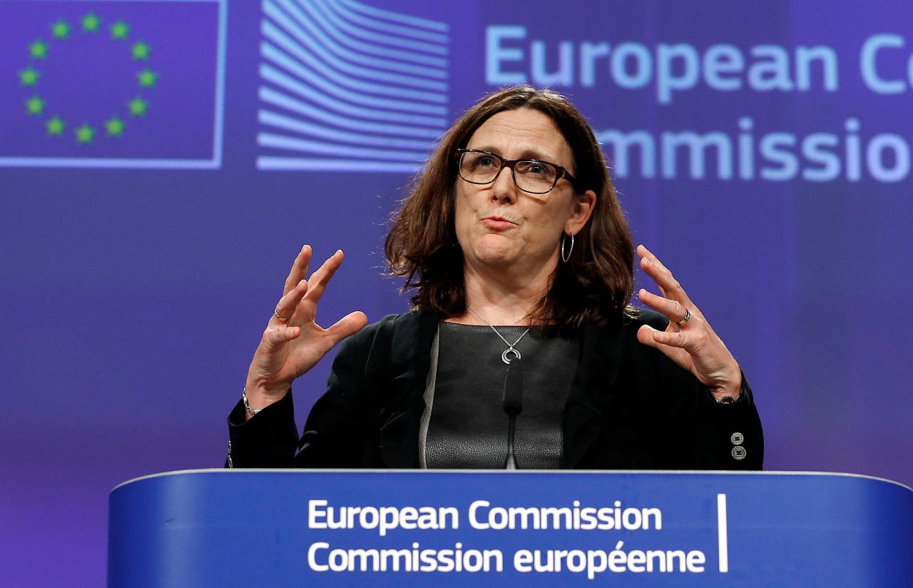 European Trade Commissioner Cecilia Malmstrom holds a news conference at the EU Commission headquarters in Brussels