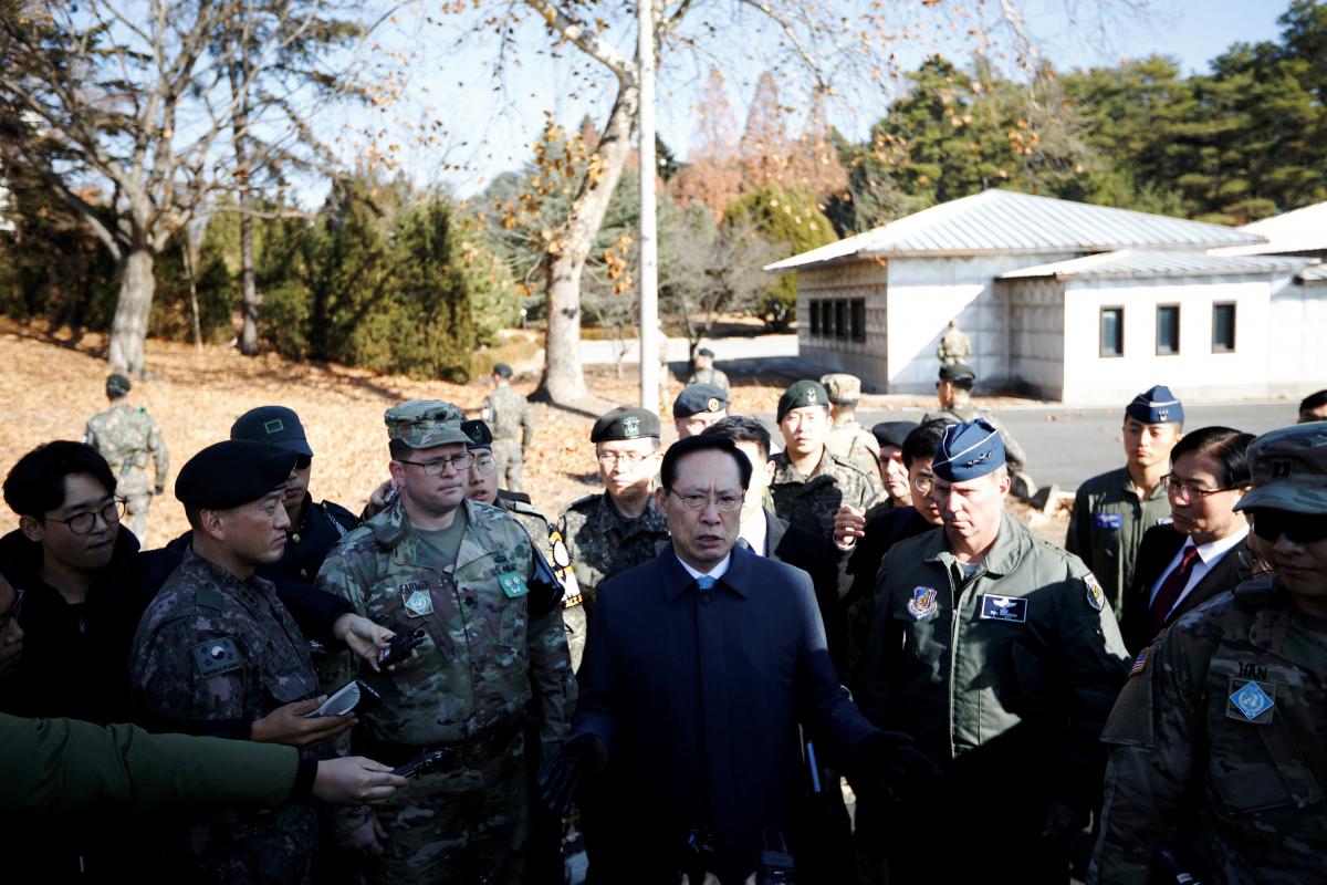 South Korean Defence Minister Song Young-moo speaks as he visits a spot where a North Korean has defected crossing the border on November 13, at the truce village of Panmunjom inside the demilitarized zone