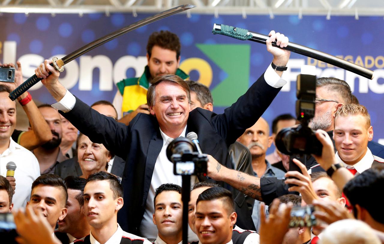 FILE PHOTO: Federal deputy Jair Bolsonaro, a pre-candidate for Brazil’s presidential elections, shows a sword during a rally in Curitiba