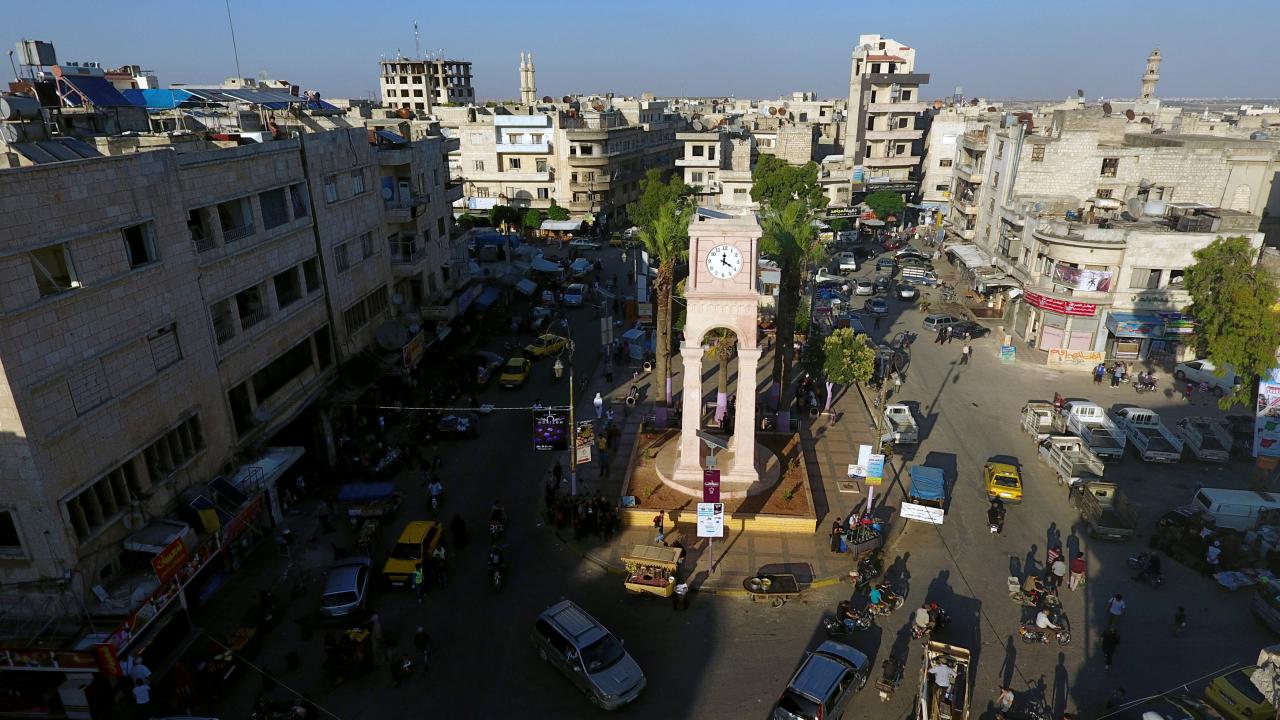 FILE PHOTO:A general view taken with a drone shows the Clock Tower of the rebel-held Idlib city