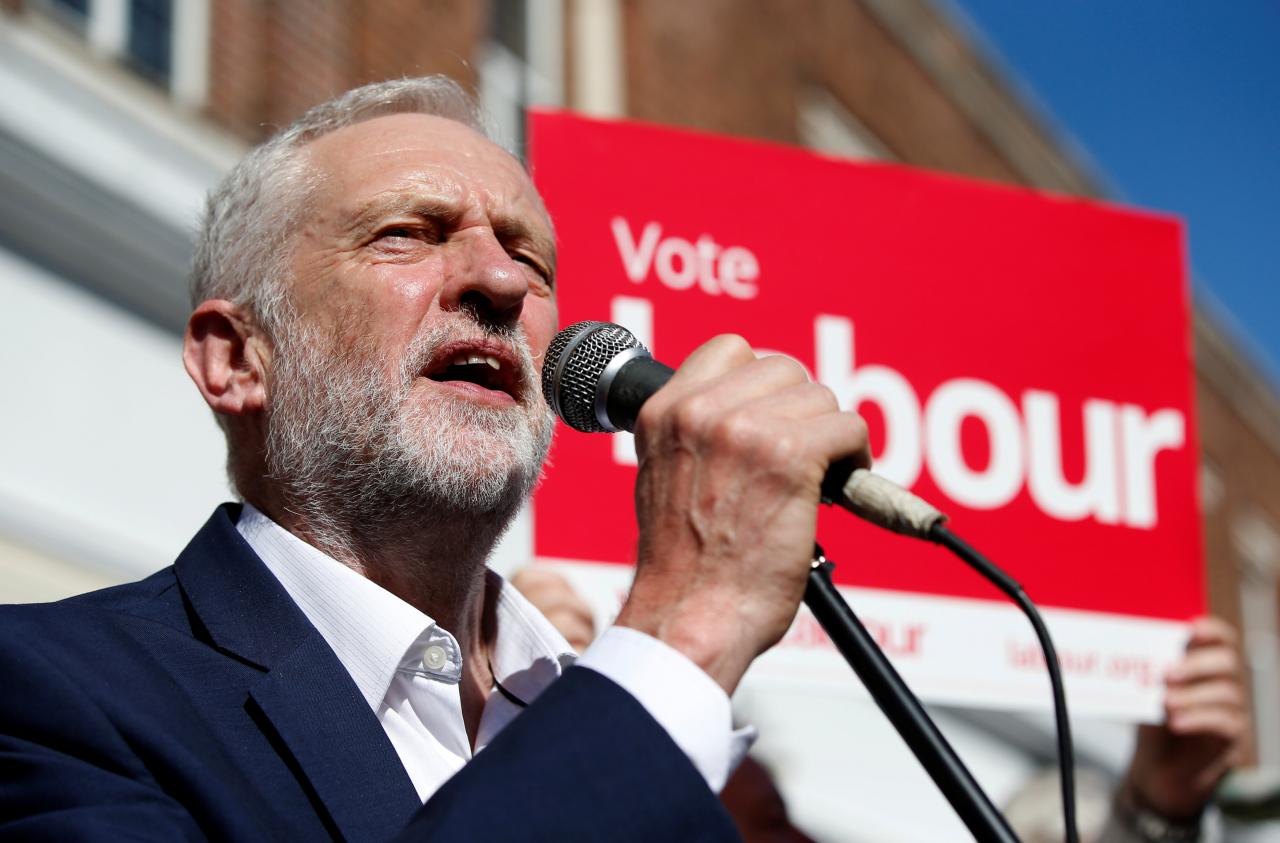Jeremy Corbyn, the leader of Britain’s opposition Labour Party, speaks to the public during an election campaign visit in the centre of Crewe