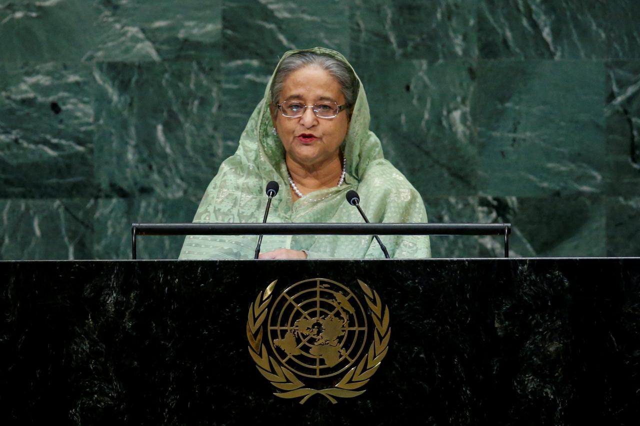 FILE PHOTO: Bangladeshi Prime Minister Hasina addresses the U.N. General Assembly in New York
