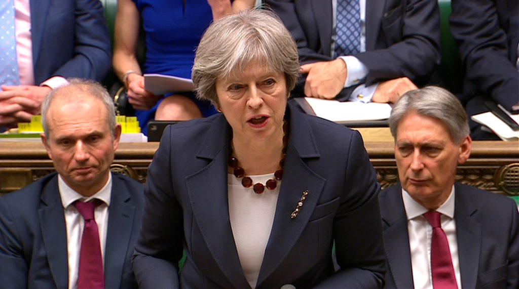 Britain’s Prime Minister Theresa May addresses the House of Commons on her government’s reaction to the poisoning of former Russian intelligence officer Sergei Skripal and his daughter Yulia in Salisbury, in London