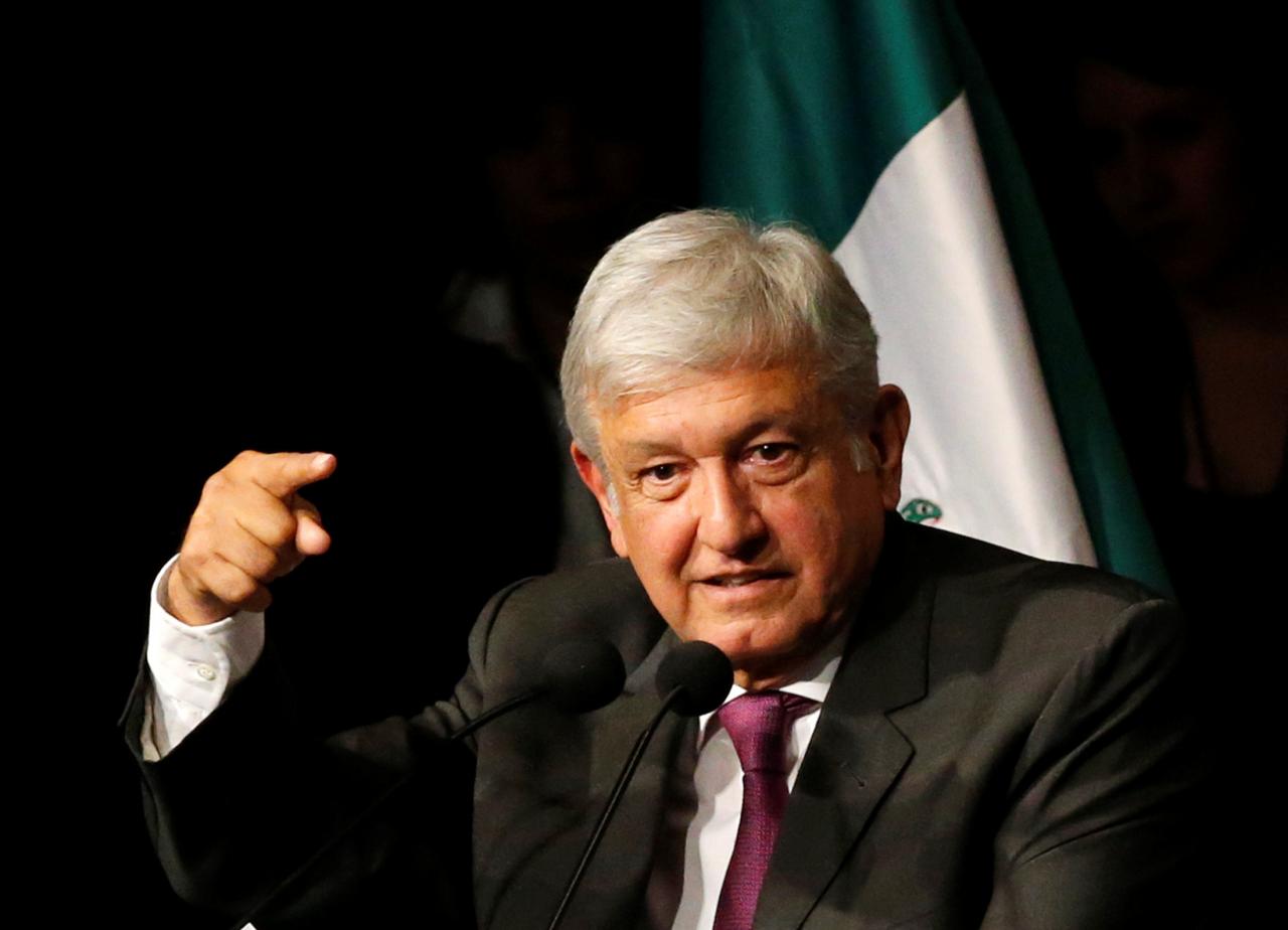 Mexico presidential candidate Andres Manuel Lopez Obrador of the National Regeneration Movement (MORENA), gives a speech as he presents his manifesto in Mexico City