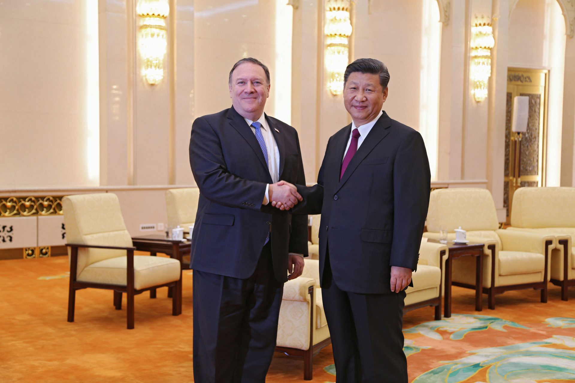 U.S. Secretary of State Mike Pompeo meets with Chinese President Xi Jinping at the Great Hall of the People in Beijing, China on June 14, 2018.