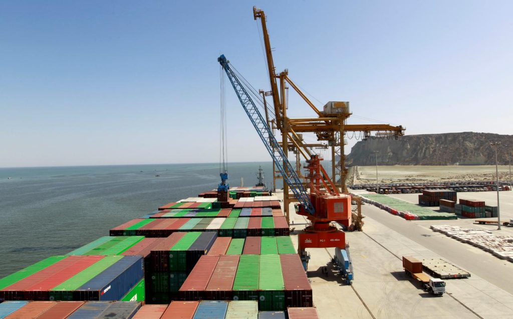 A container is loaded on to the Cosco Wellington, the first container ship to depart after the inauguration of the China Pakistan Economic Corridor port in Gwadar