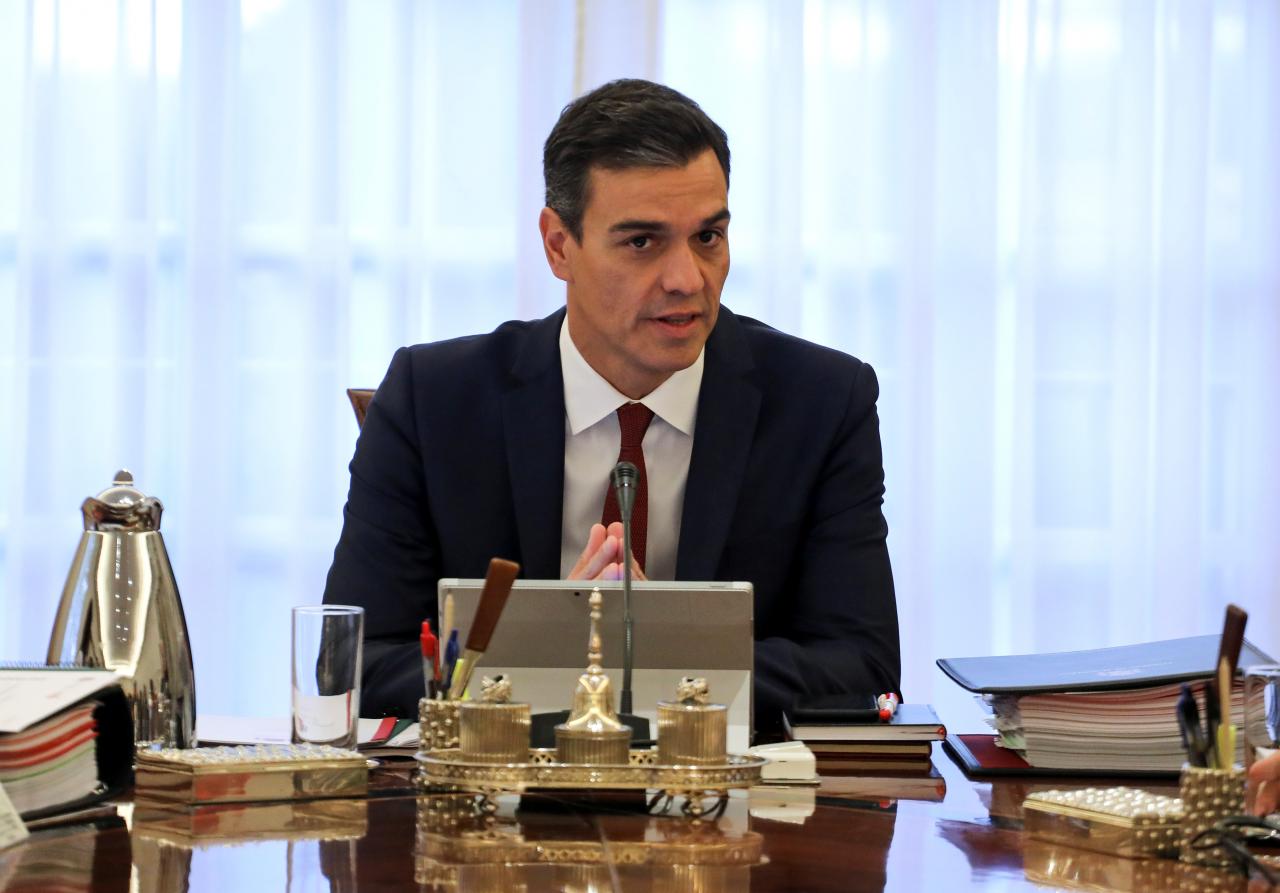 Spain’s Prime Minister Pedro Sanchez presides over a weekly cabinet meeting with government ministers at the Moncloa Palace in Madrid