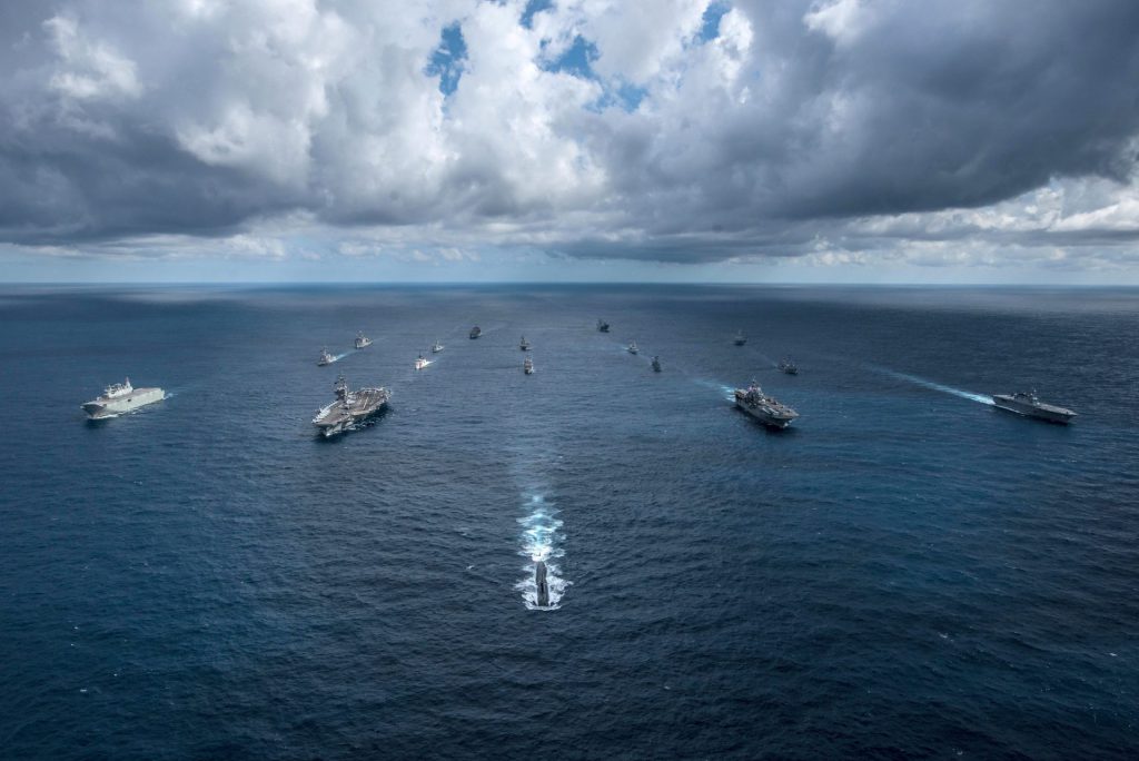 USS Key West leads in formation with 17 other ships from the Multinational during Talisman Sabre 2019