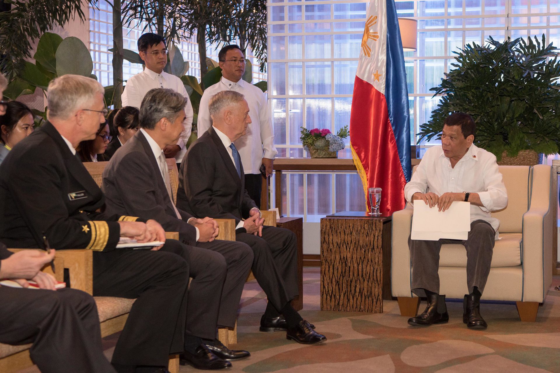 Defense Secretary Jim Mattis speaks with Philippine President Rodrigo R. Duterte during the Association of Southeast Asian Nations defense ministers meeting in Clark.