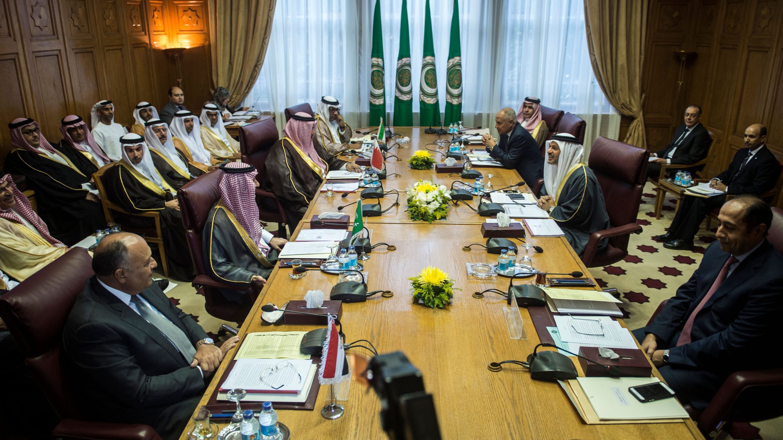 Foreign minsters of Arab League states gather in a meeting at the organization's headquarters in Cairo.