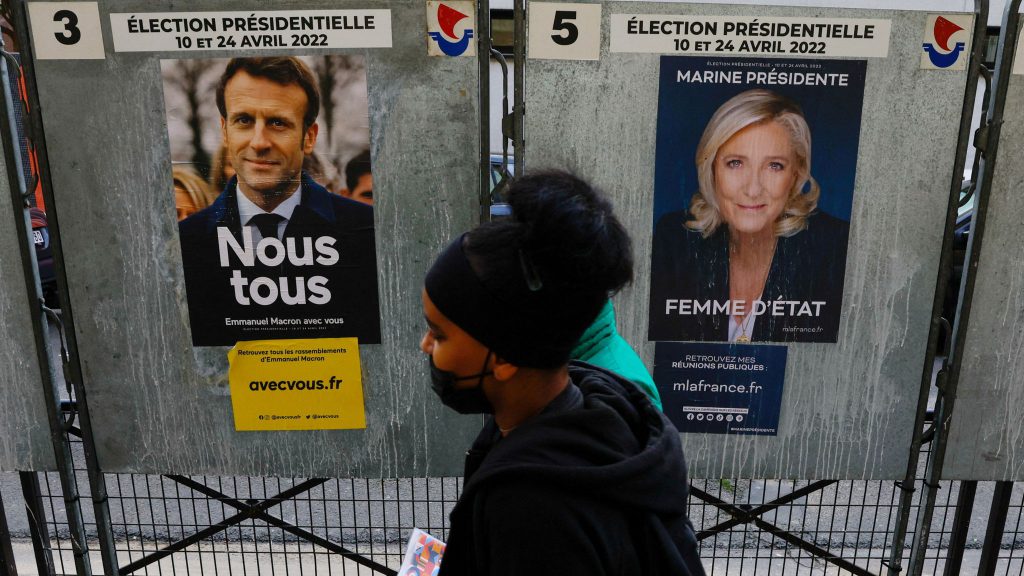 Posters of Macron and Marine ahead of the first round of the French presidential elections