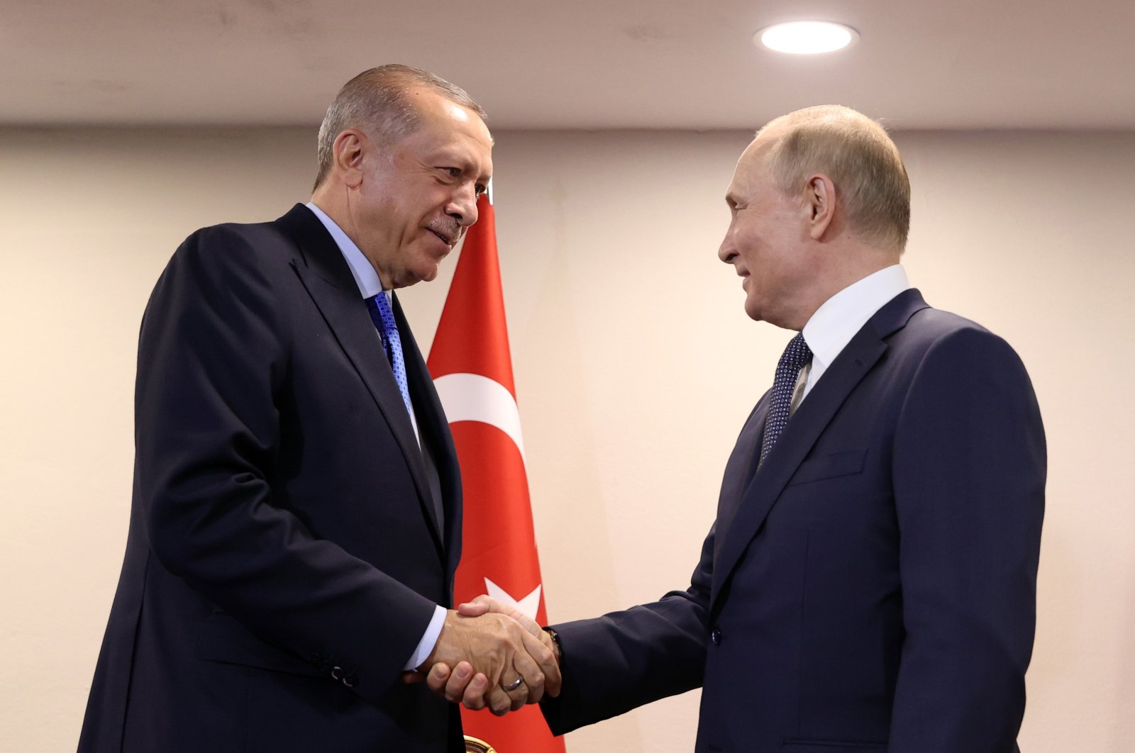 Turkish President Tayyip Erdogan shakes hands with Russian President Vladimir Putin