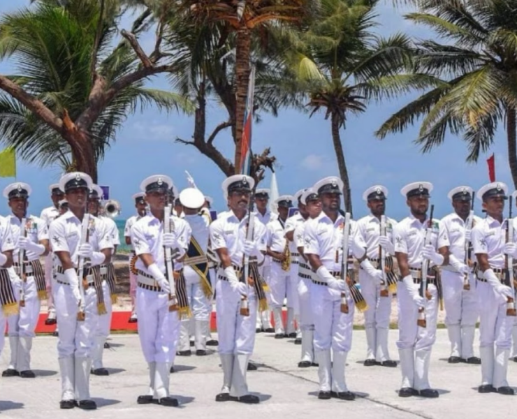 Indian naval officers attend the commissioning ceremony of the new Jatayu base . Source: PTI Photo