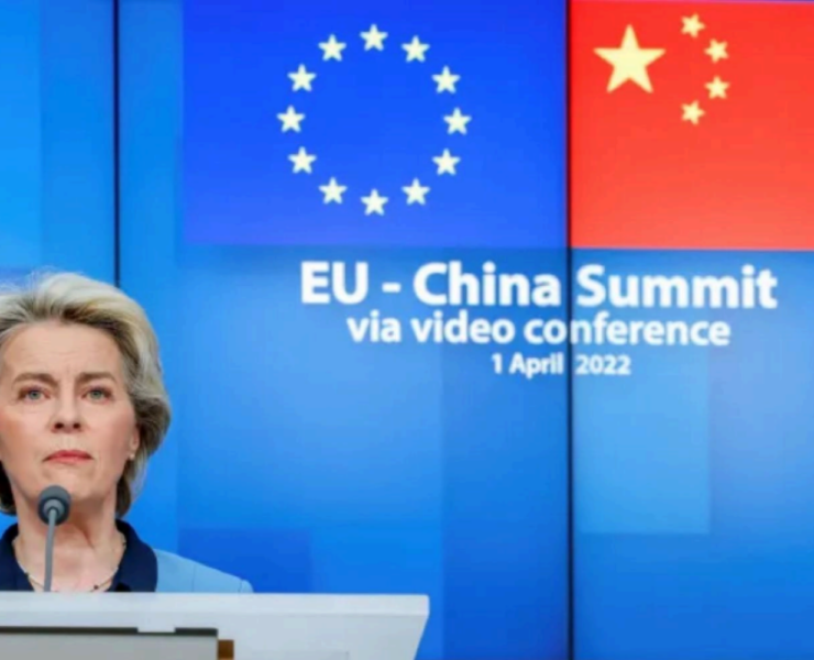 President of the European Commission Ursula von der Leyen speaking at the EU-China video summit in April 2022. Source: AP/Olivier Matthys